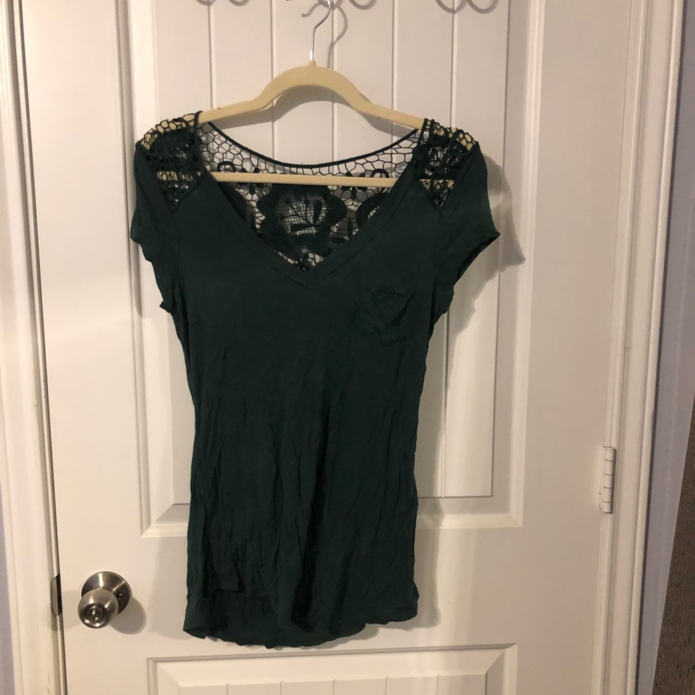 Forest green crochet vneck tee